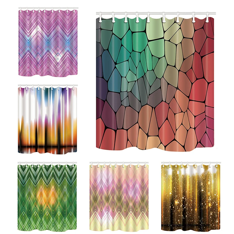 

Home Decoration Shower Curtains Geometry Stripe Polyester Fabric Bath Screens Waterproof and Mildew Proof with 12 Hooks Washable