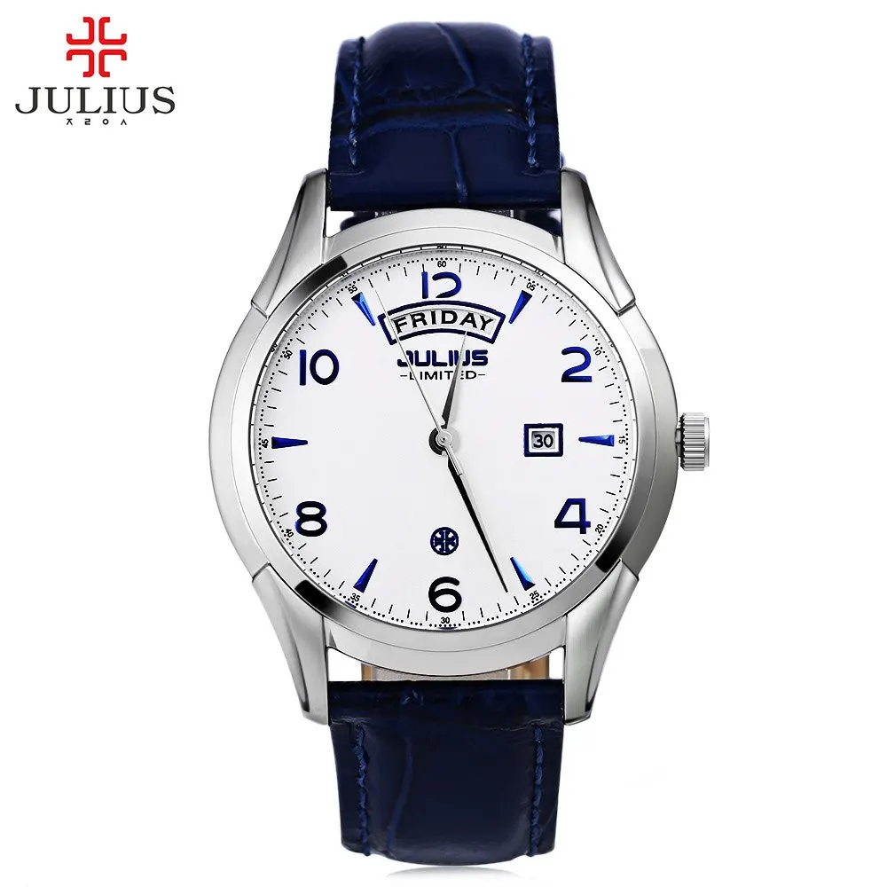 

JULIUS Men Quartz Watch Ultrathin Dial Calendar Leather Strap Watches Water Resistance Fashion Casual Wristwatch