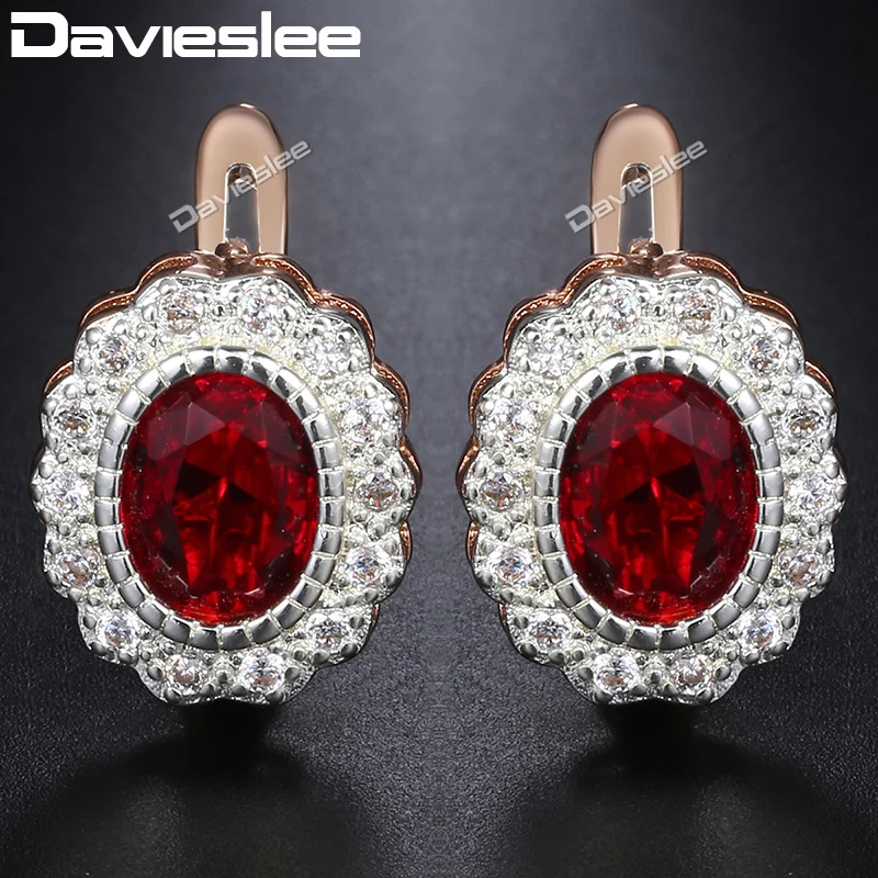 

Davieslee Stud Earrings For Women Oval Flower Red CZ Rhinestones 585 Rose Gold Filled Womens Stud Earring Fashion Jewelry DGE149