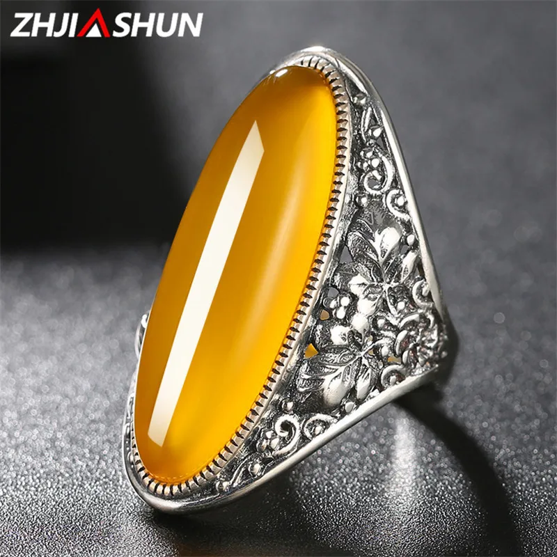 

ZHJIASHUN Unique 925 Sterling Silver Open Rings Natural Stone Chalcedony Ring for Women Thai Silver Jewelry Accessories