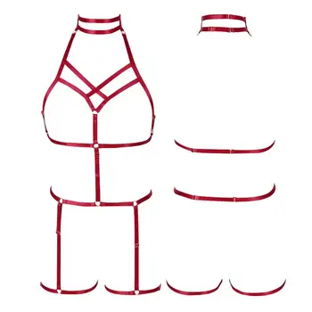 

Red Lingerie Strappy Full Body Hollow Out Cage Neck Punk Goth Plus Size Garter Belt Elastic Party Rave Women Bra Harness Set