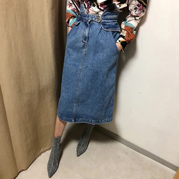 

BGTEEVER Slim High Waist Midi Jean Skirt Women Straight Loose Streetwear Skirts Female Pockets Denim Skirts 2019 Spring Summer