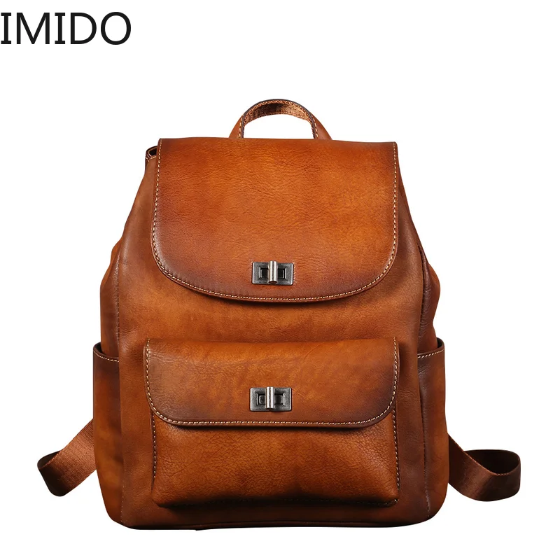 

IMIDO New Women's Custom-made Pure-color National Style Retro Shoulder Backpack 2019 Luxury Designer Women High Quality Fashion