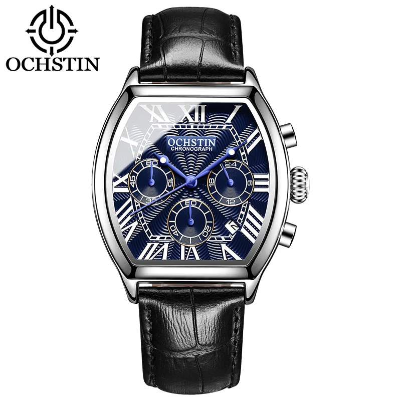 OCHSTIN Auto Date Sports Military Men Watches Luxury Brand Tonneau Quartz-watch Man Leather Army Male Clock Relogio Masculino - Цвет: Silver blue