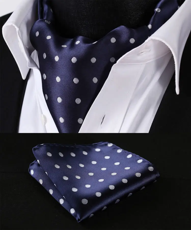 Buy RD201V Navy Blue Polka Dot Silk Cravat Woven Ascot Tie Pocket Square