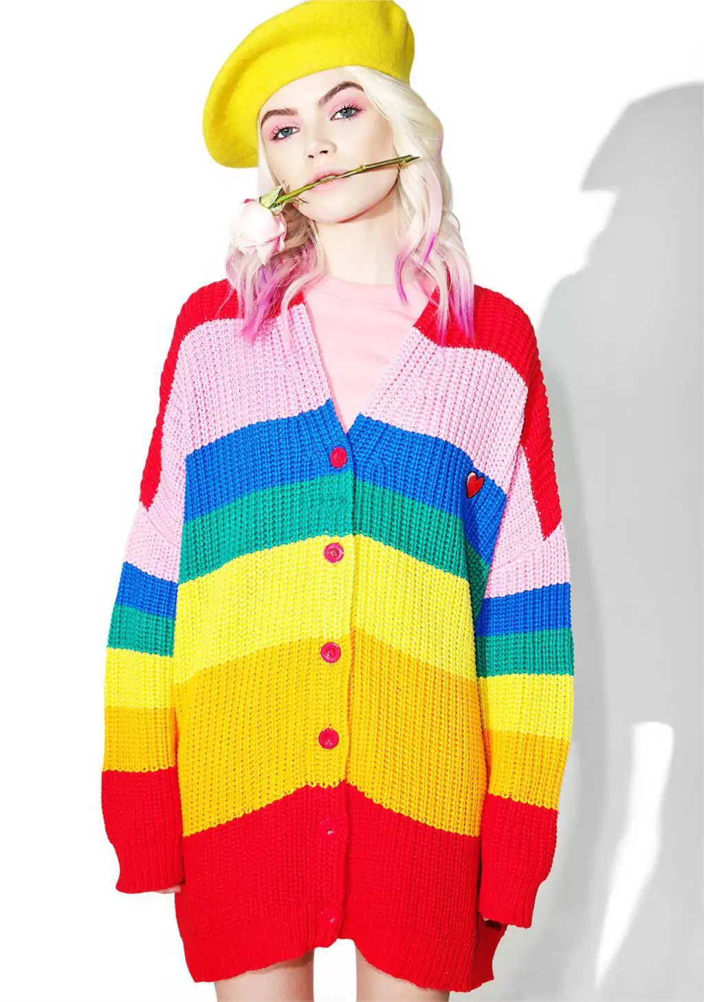 Oversize New Women long Knitting Cardigan Loose Pink