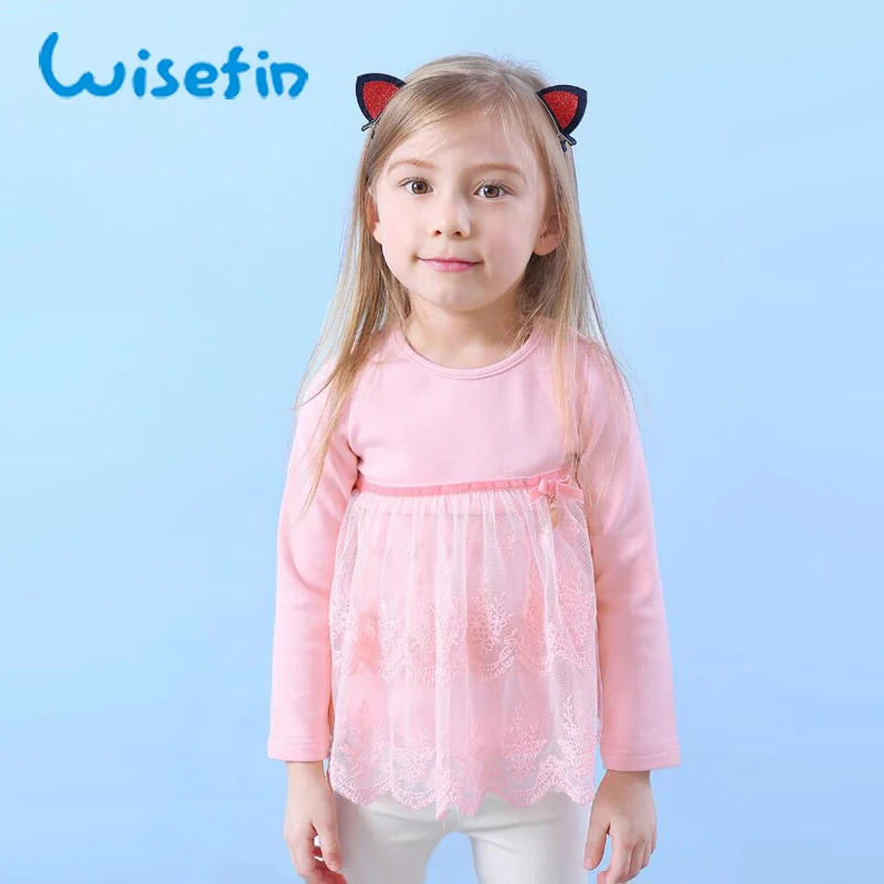 Wisefin/девушки хлопок осень с длинным рукавом футболки розовый милые кружевные