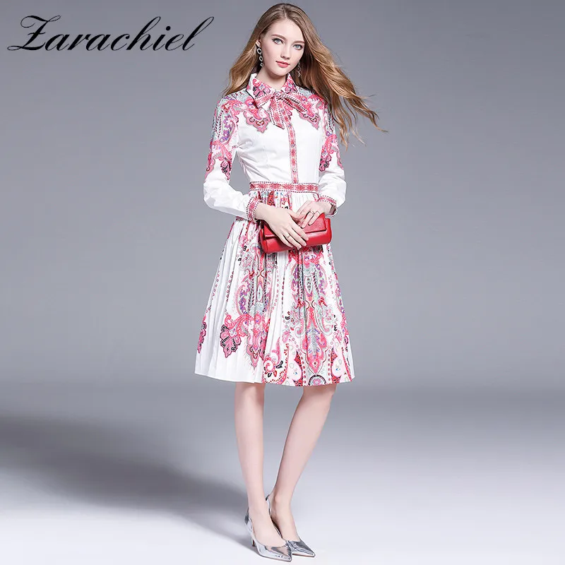 

Autumn Pink Vintage Printed Women Pleated Dress Lapel Long Sleeve Bow High Waist Midi Dresses Female Fashion Party Shirt Dress