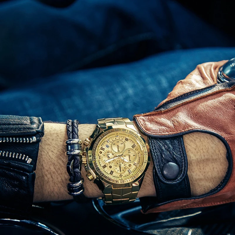 WWOOR Топ бренд новые модные роскошные мужские военные кварцевые часы с большим циферблатом из нержавеющей стали повседневные спортивные деловые золотые наручные часы