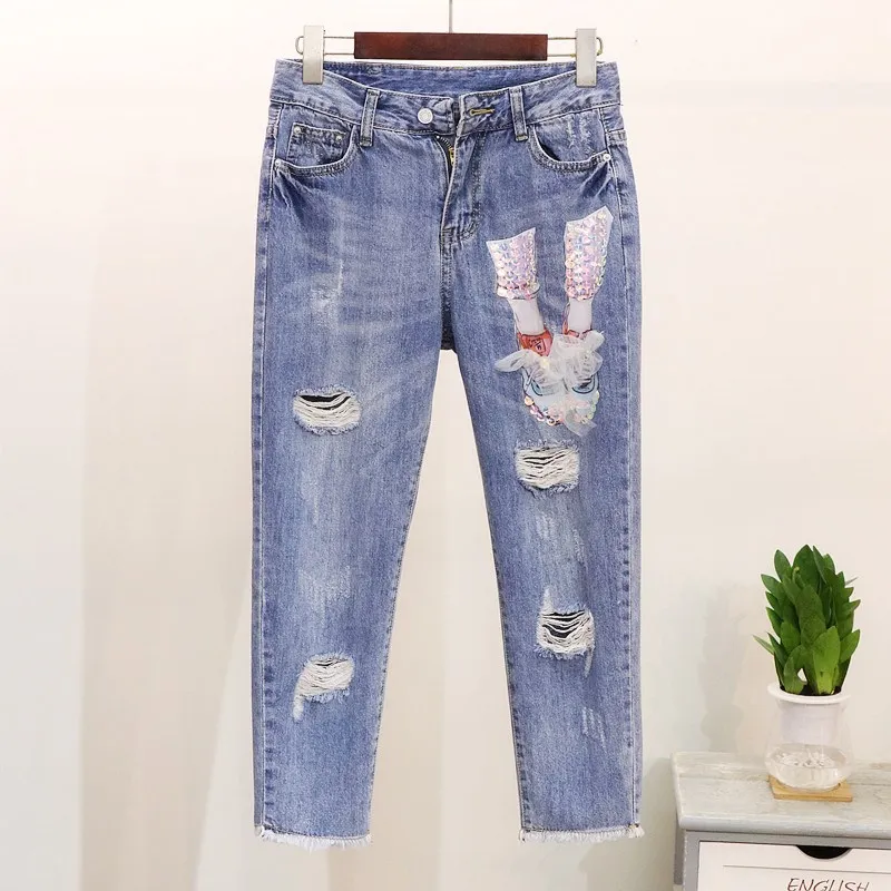 Летние женские новые модные туфли с блестками, Короткие хлопковые футболки, футболка+ джинсы с дырками, комплект для студентов, комплект из джинсовых штанов