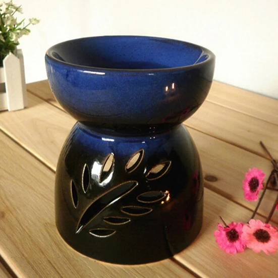 

Dia 10*11.8cm Classic Leaf Carving Blue Ceramic Essential Oil Burner Candle Aromatherapy Furnace Incense Vaporizer DC828