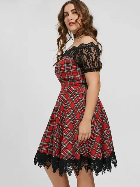 Plaid Off The Shoulder Lace Insert Scalloped Party Dress Robe Female