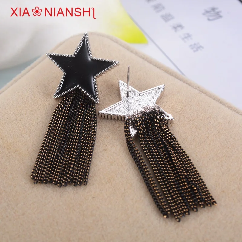 HTB12PKbQFXXXXb6XFXXq6xXFXXXA - Vintage Enamel Black Earrings Fashion Five-pointed Star With Copper Wire Tassels Long Earrings Star Brincos Jewelry For Women