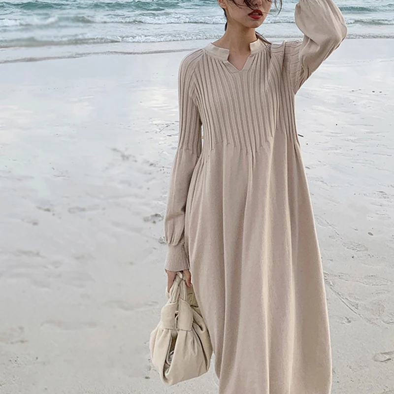 Koop Retro franse meisje chic breien v hals lange mouw basic jurk mori meisje 2019 lente