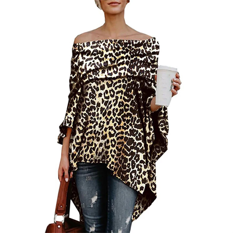 

NORA TWIPS 2018 Autumn New Style Slash Neck Batwing Sleeve Sexy Loose Leopard Large Size T-shirt High Street T-shirts Tops