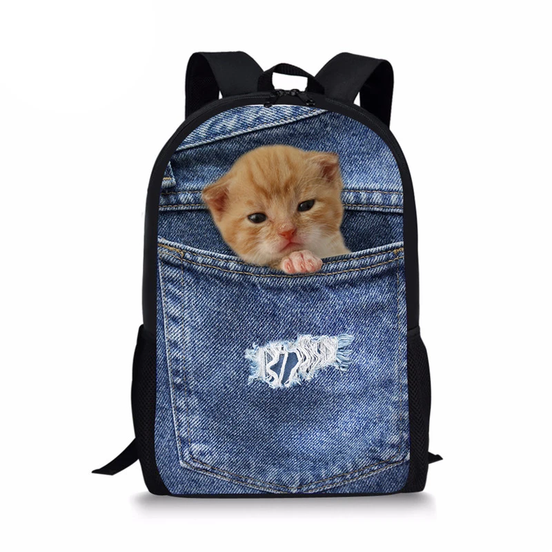 3D животное короткошерстная кошка Kitty детские школьные сумки модные синие джинсовые карманные ранцы с принтом для девочек Backpackssumka
