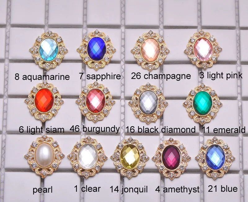 

(M0989) 28mmx31mm metal rhinestone embellishment ,flat back,light gold plating, 10 styles for choose