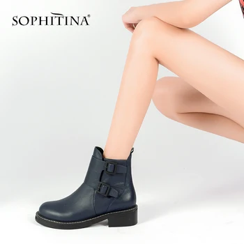 

SOPHITINA High Quality Woman Ankle Boots Retro Soft Round Toe Boots Genuine Leather Square Heel Zipper Warm Comfortable Boots M7
