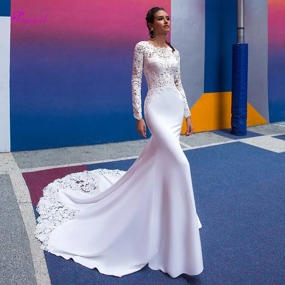 

Fsuzwel New Arrival O-Neck Long Sleeve Satin Mermaid Wedding Dresses 2020 Luxury Beaded Appliques Trumpet Bridal Gown Plus Size