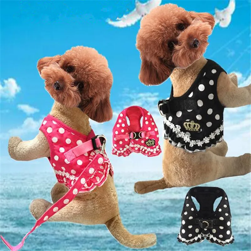 

New Fashion Pet Small Dog Harness Embroidery Cat Chest Strap+Leads Sets Print Wave Point Vest Harnesses Leashes For Teddy/Poodle