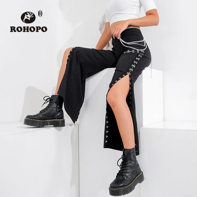 ROHOPO черного цвета в стиле панк Flare Pant Высокая Талия молния Пряжка брюки Тонкий Разделение широкие манжеты Повседневное женские офисные длин... ROHOPO черного цвета в стиле панк Flare Pant Высокая Талия молния Пряжка брюки Тонкий Разделение широкие манжеты Повседневное женские офисные длин...