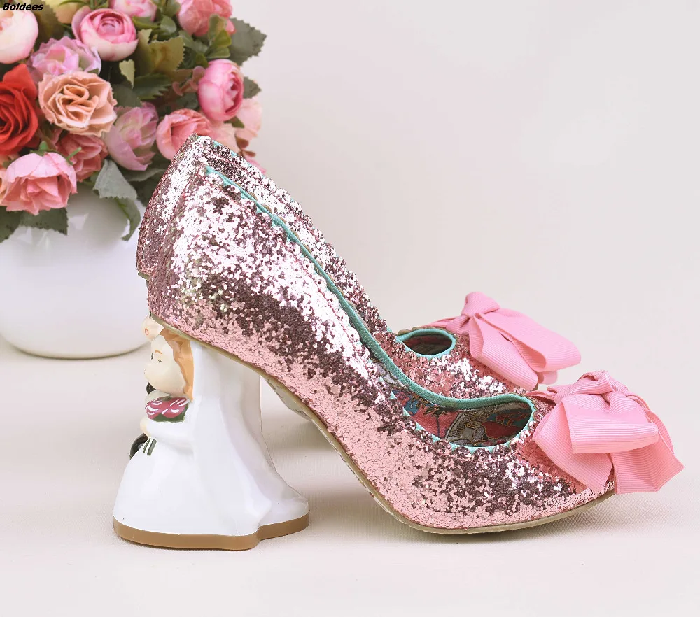 

Unique Pink Glittering Sequins Sip-on Heels Cute Butterfly-knot Decorated Bride Groom Shape Doll Heel Pumps Wedding Shoes