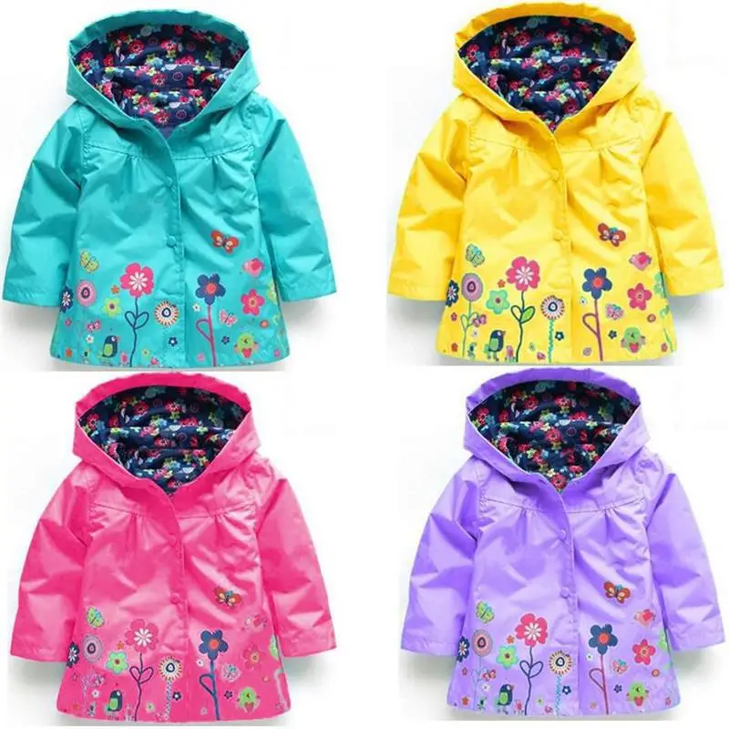 

2018 Spring Summer Jacket For Girls Printed Flower Waterproof Hoody Baby Girls Jacket 1-5 Years Kids Outerwear Children Coat