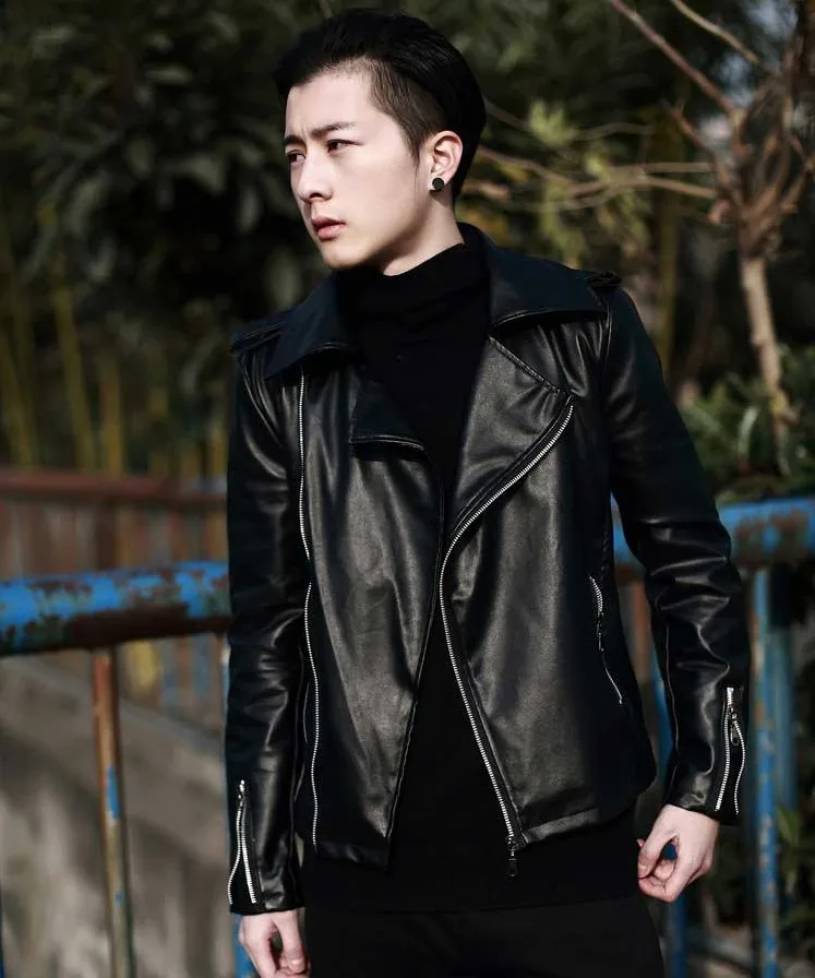 Мужской костюм певицы Zhilong из кожи с заклепками в стиле панк рок|men leather jacket|leather