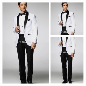 

2016 Blazer Masculino White Men Wedding Prom Suits Black Lapel 2 Pieces Formal Dinner Tuxedos Groomsman Suit Jacket+Pants+tie