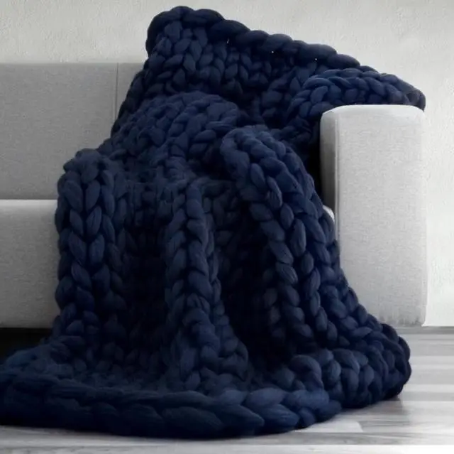 2x2 м одеяло крупной ручной вязки Большая мягкая теплая зимняя кровать диван одеяло толстая пряжа мериносовая шерсть объемное вязаное одеяло - Цвет: Navy