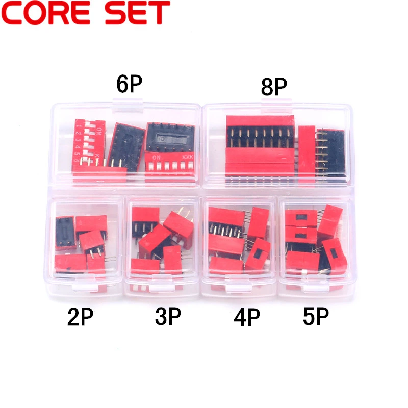 30 шт./лот, набор Dip-переключателей в коробке, 2, 3, 4, 5, 6, 8 каналов, 2,54 мм, тумблер, красные, синие кнопки, смешанный набор, каждый набор из 5 шт