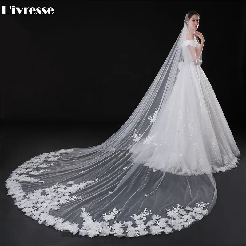 Luxury Ivory Cathedral Wedding Veils Flower Lace Edge Bridal Veil