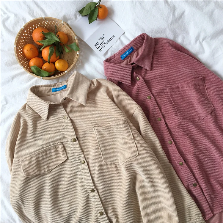 2 colors spring and autumn Loose Shirts Korean Solid Blouse Long Sleeve Corduroy blouses Women Tops outwear coats C6016