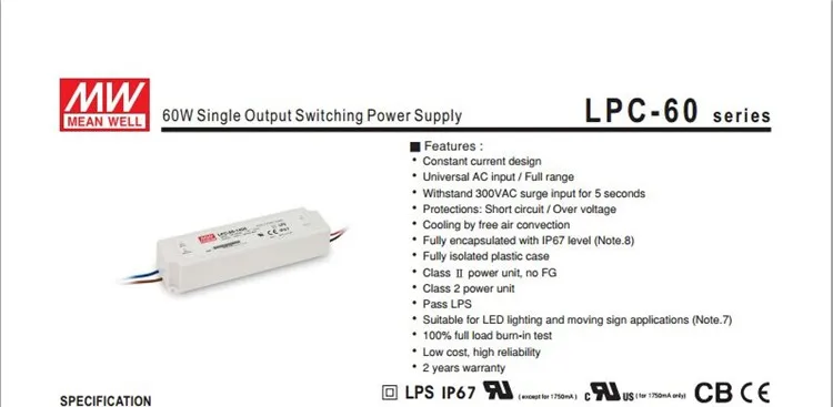 100-240Vac к 9-34VDC, 60 Вт, 1750ma постоянный ток IP67 блок питания ul, светодио дный свет, драйвер СВЕТОДИОДНОЙ вывески, LPC-60-1750