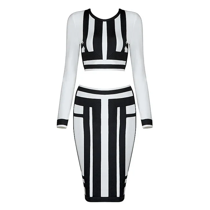 Top Quality White Black Geometric Long Sleeve Rayon Bandage Dress Celebrity Party Dress