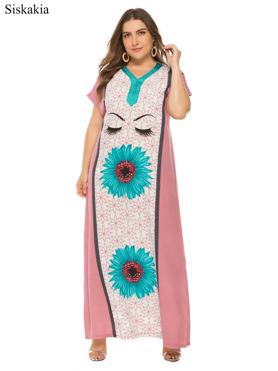 Siskakia Flower Print Plus Size Women Maxi Long Dress Vintage Loose V Neck Short Sleeve Female Dresses Blue Pink Summer 2019 New (5)