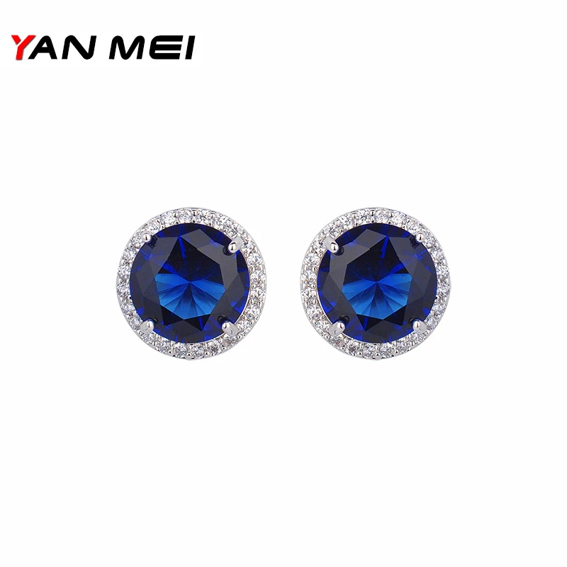 

YAN MEI Round Silver Plated Stud Earrings For Woman Man White Circular Crystal Zircon Earrings Channel Brinco Jewelry GLE3705Y