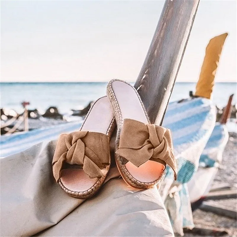 Beige1 HEFLASHOR/ г.; женские пляжные флоковые Вьетнамки с бантом; повседневные шлепанцы; летние женские туфли с бантом на плоской подошве с открытым носком - Цвет: Beige1