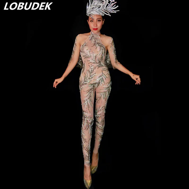 

2018 Women Perspective Backless Jumpsuit Sparkly Crystals Stretch Mesh Bodysuit Model Catwalk Nightclub DJ Singer Stage Costume