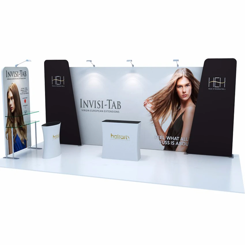 

20ft Protable Custom Tension Fabric Trade Show Displays Pop Up Banner Booth Exhibits Kit with Counter Lights Products Shelf