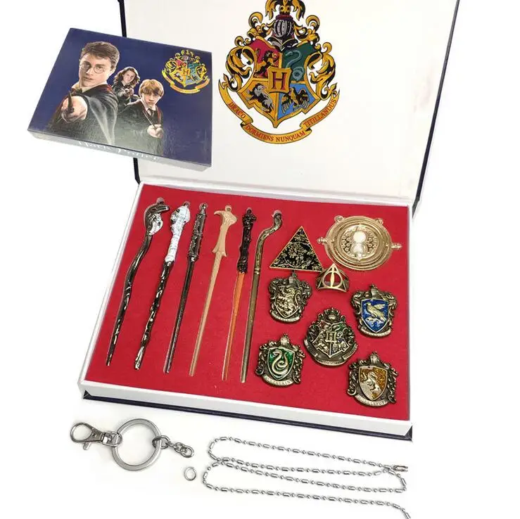

Metal Harry Potter Wands Magic Academy Badge Set Gryffindor/Hufflepuff/Quidditch Brooch Kids Toys Cosplay Magic Wand Suit Box
