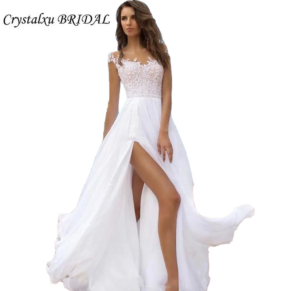 

Summer Beach Simple A-Line Appliques Lace Chiffon Bride Wedding Dresses Floor Length Custom Made High Sexy Split Wedding Gowns