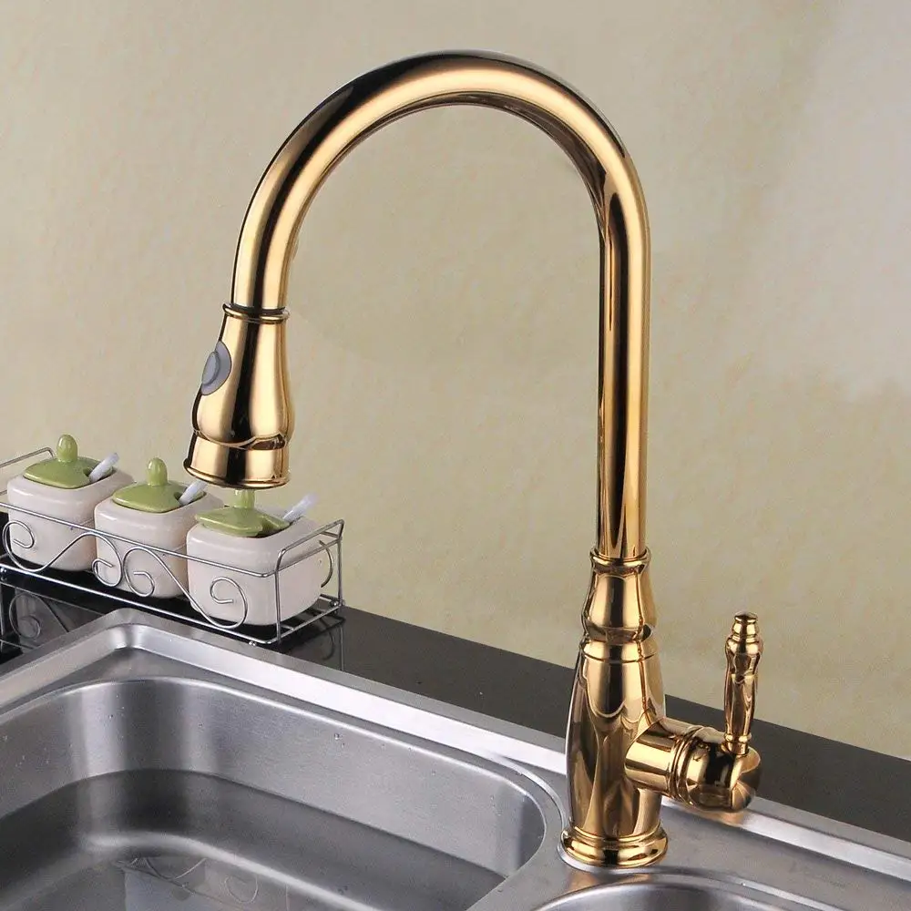 Gold brass Pull Down Kitchen Faucet with two functions Pull Out sprayer, Swivel Spout golden Singel Lever Mixer faucet--MS5630