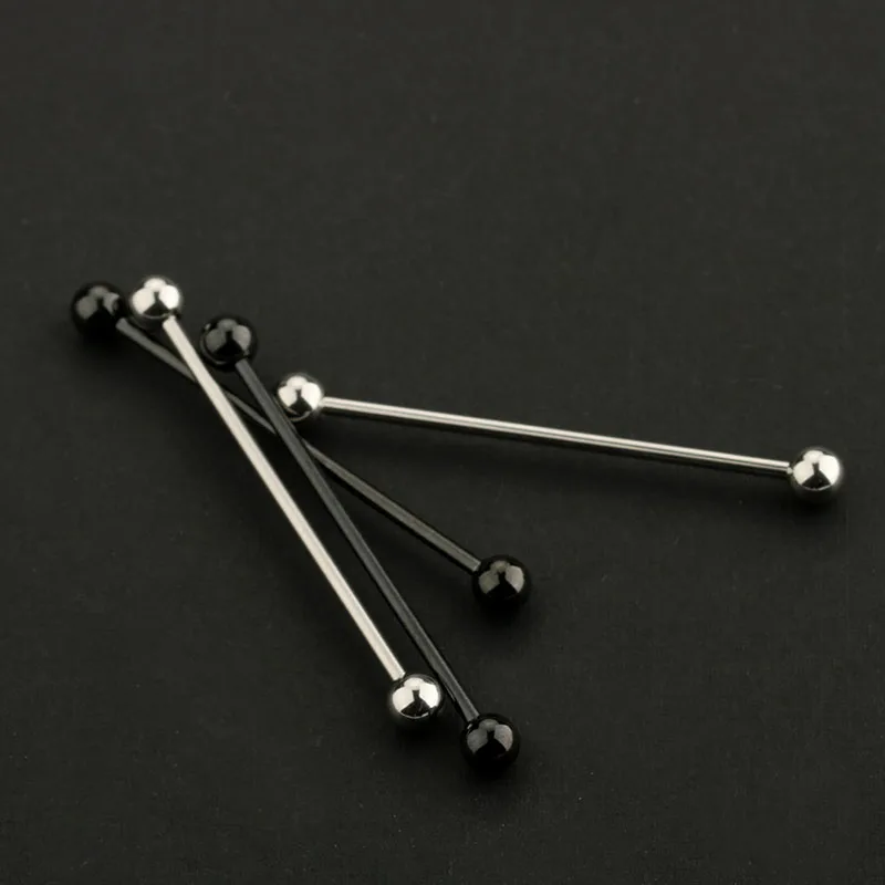2PCS Fashion Titanium Steel Industrial Cartilage Earrings 40cm Long Barbell Ear Plugs Silver Black 1.6mm Body Piercing Jewelry5