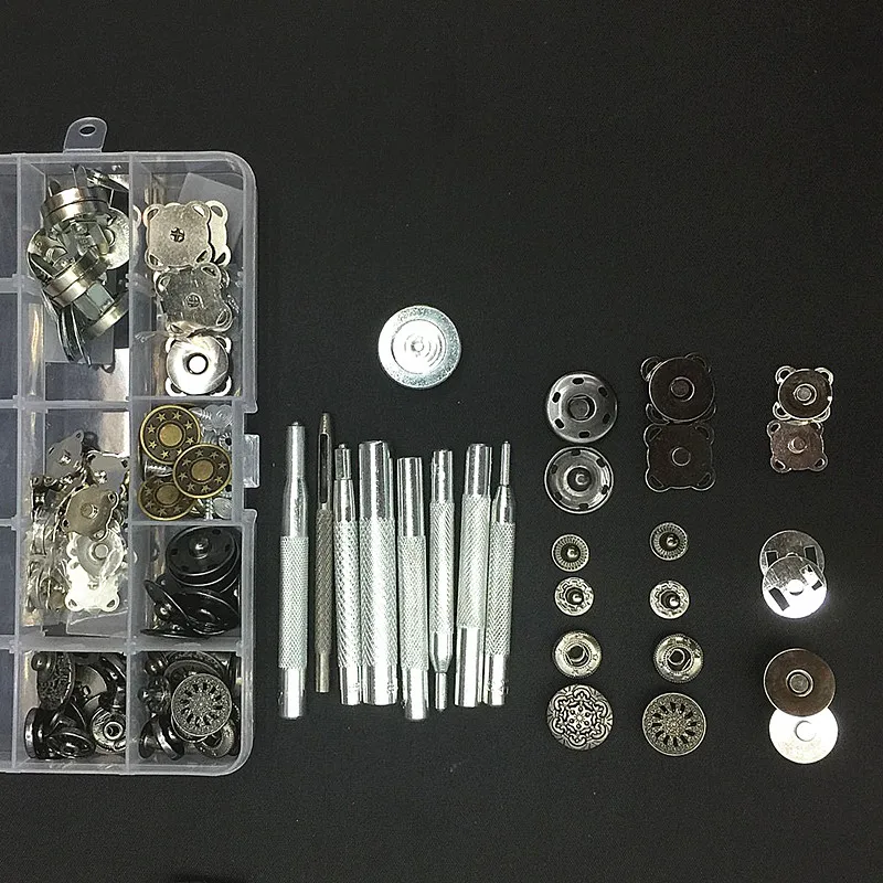 

14-21mm 7Style 45sets Metal Snap Fastener Press Stud Buttons Poppers Leather Craft Magnet Button Jeans Button+9pcs Tools Kit