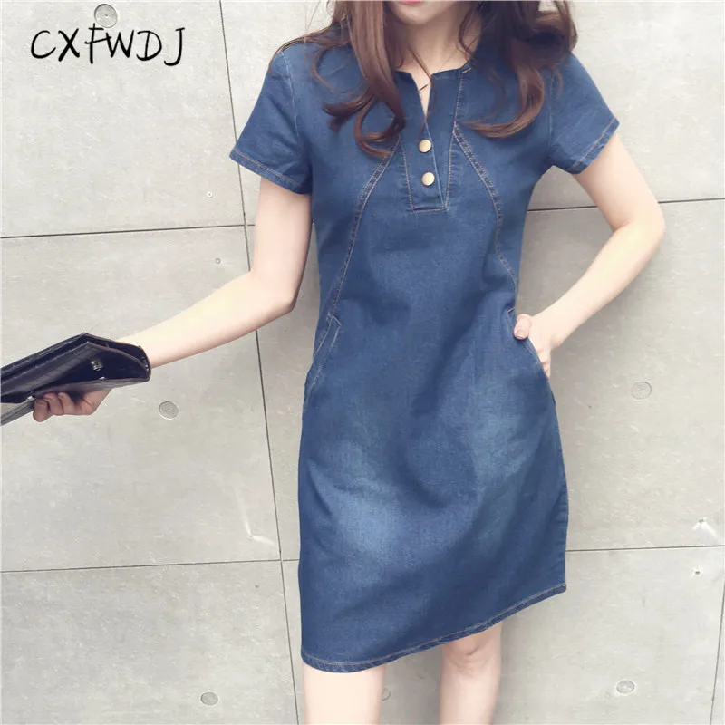 

Summer Women Cowboy Dress Retro Short Sleeve Loose Leisure A line Dress Large size V collar Solid color Denim Mini Dresses 2018