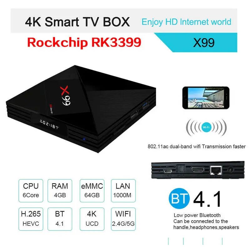 X99 RK3399 Six Core Android 7.1 Smart TV BOX 4G/32G HDR10 Dual WiFi 4K 3D Media BT4.1 wifi HD1080 TV Box 2019 New