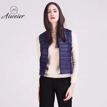 

[Aiweier] Plus Size Ultra Light Down Jacket Women Sleeveless Thin Zipper Solid Vest Fashion Korean Warm Coats For Girls ALAB01