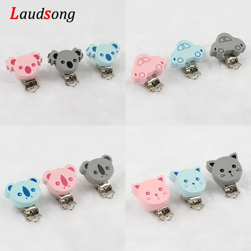 

2pc Cat/Car/Koala Modelling Metal Wooden Baby Pacifier Clips Cute Infant Soother Clasps DIY Nipple Chain Accessories