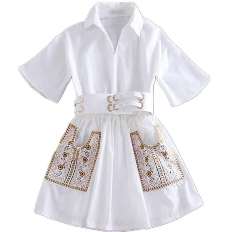 Новая Темпераментная Женская рубашка с вышивкой с короткими рукавами белое платье с поясом